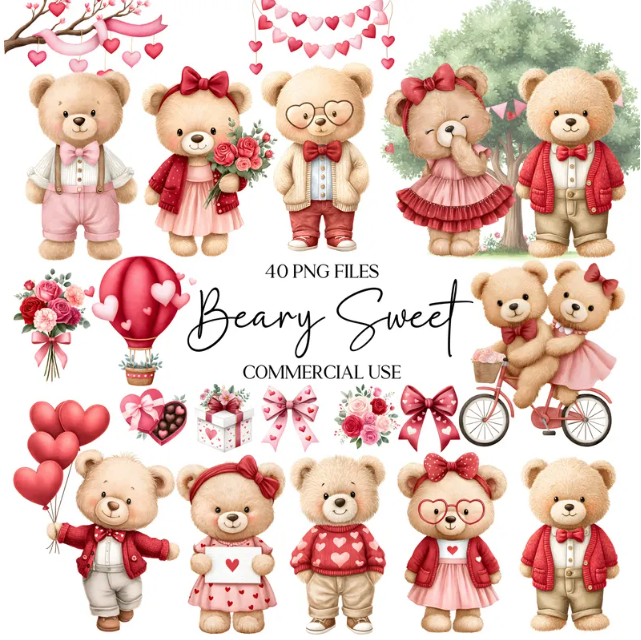 Valentine Bears Watercolor Clipart