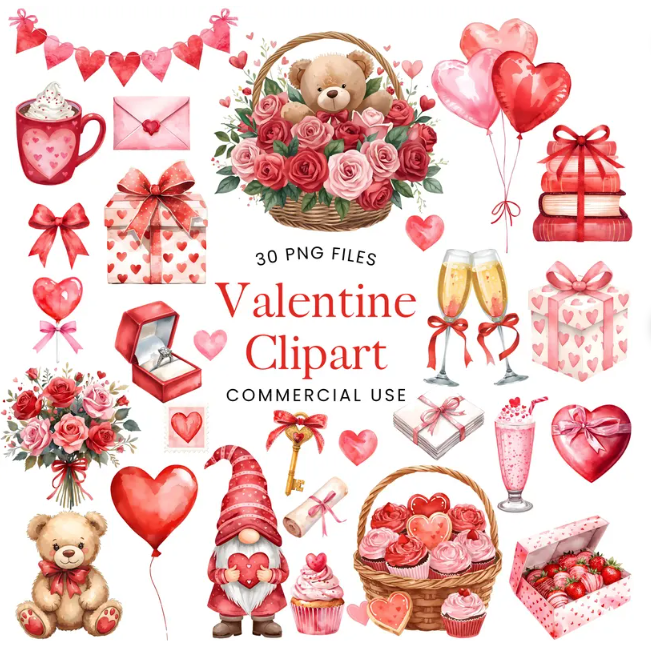 30 Valentine Watercolor Clipart Bundle